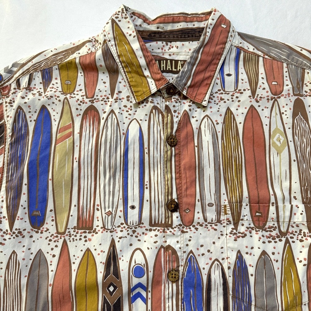 Kahala Shirt Surfboard Print AOP Mens L Cream Cotton Aloha Beach Surfer Retro